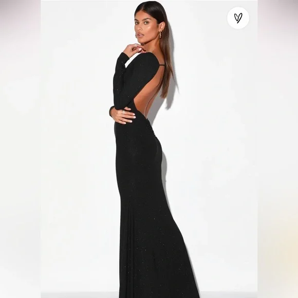 Lulu's - Glamorous in Glitter Black long sleeve backless maxi dress Lulu's - Glamorous in Glitter Black long sleeve backless maxi dress